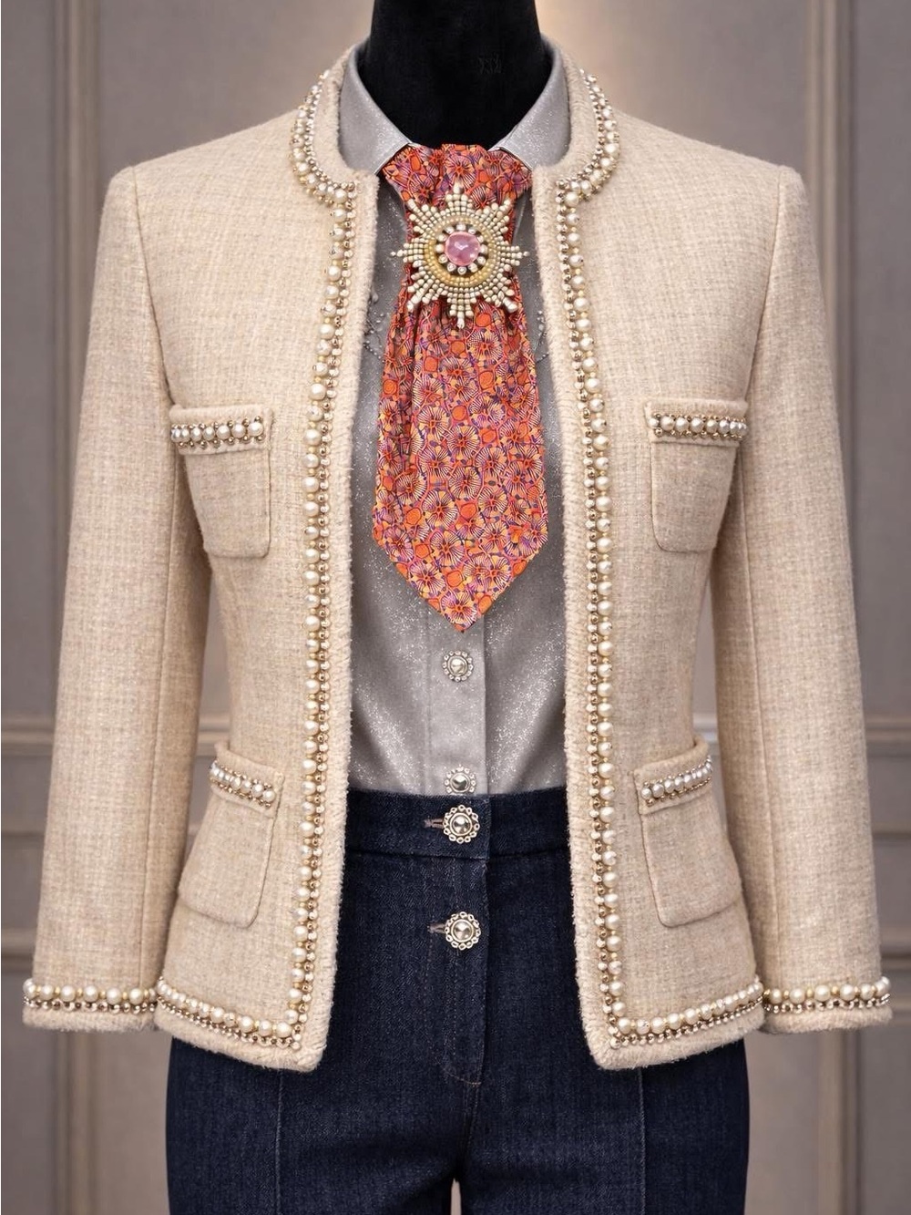 OOAK KAILONG Hand-Made Silk Necktie Necklace w/Brooch & Brilliant Stones Brooch